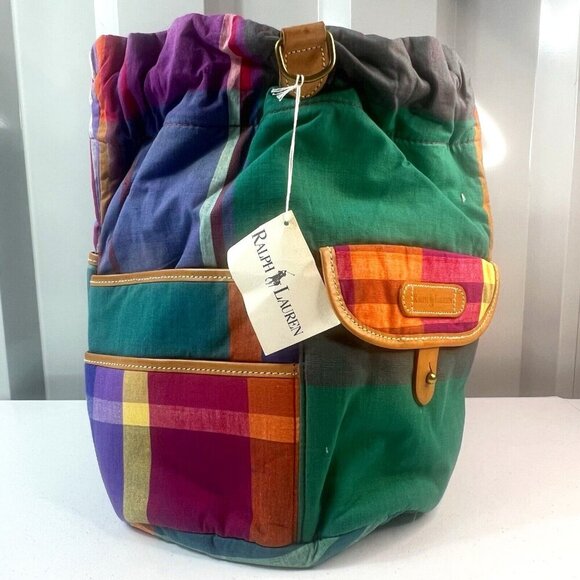 Ralph Lauren Madras Plaid And Leather Drawstring Bucket Sling Bag NWT Vintage 90 - Picture 1 of 14